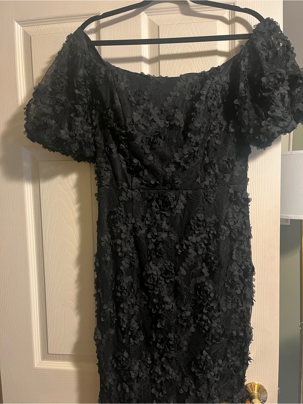 Xscape Black Floral Appliqué Off-Shoulder Dress